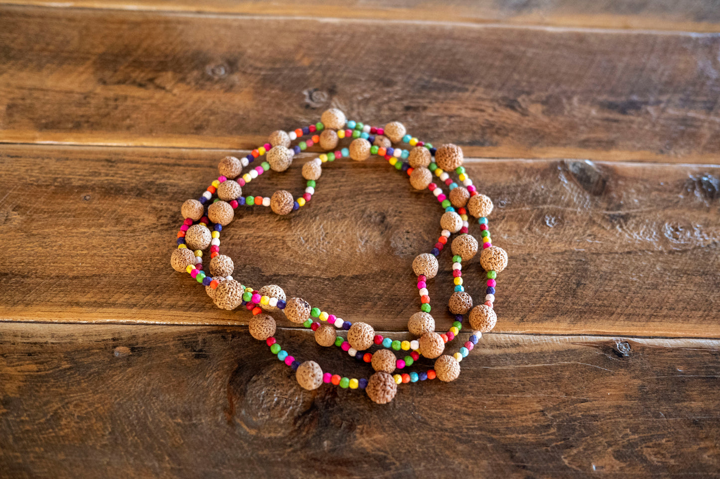 Long quandong and seed beads necklace.