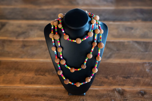 Long quandong and seed beads necklace.
